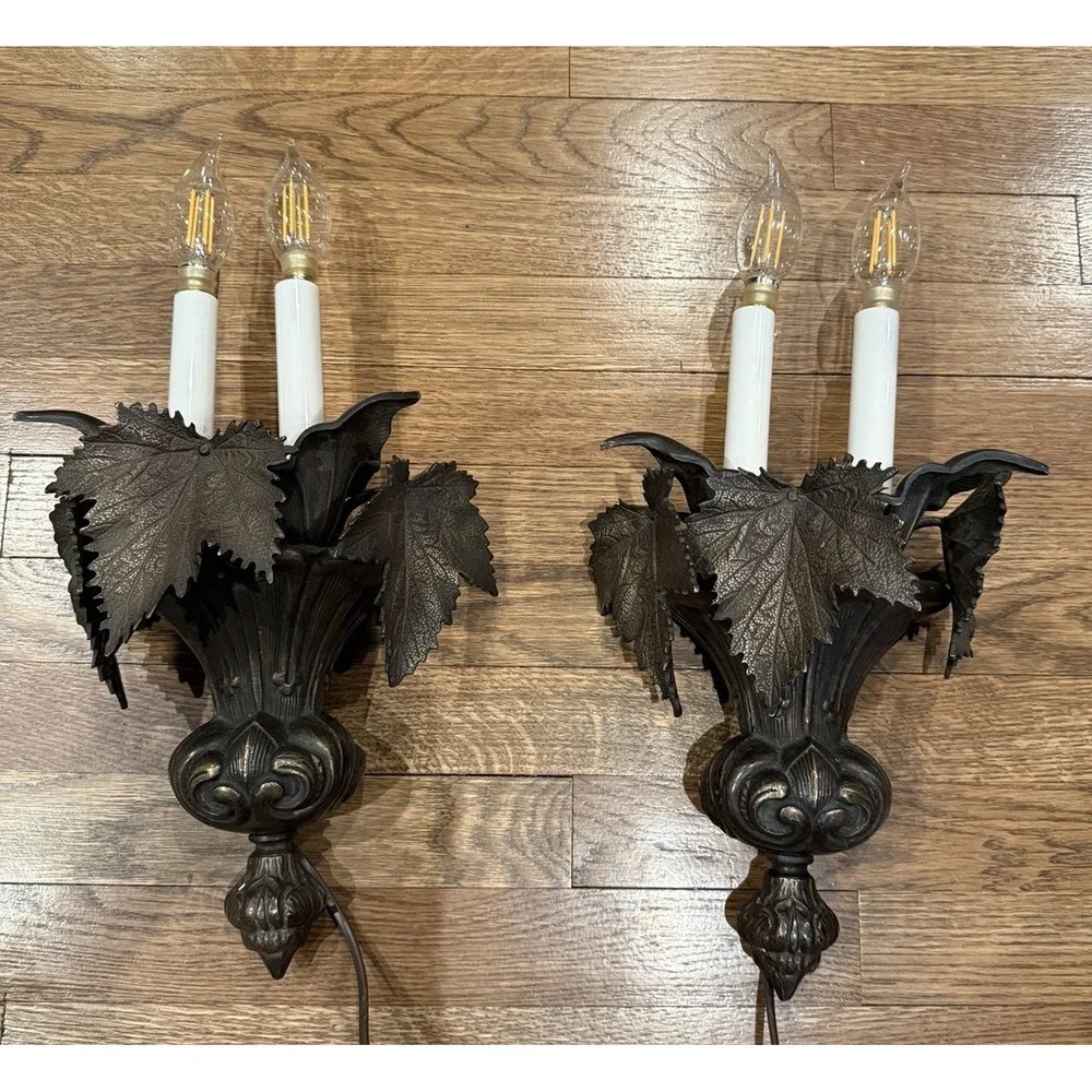 Vintage Pair Sconces Ornate Solid Bronze/Brass Wall Corded Electric Heavy